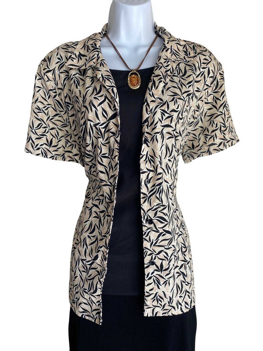 VTG Notations Women's XL Button Up One Piece Blouse Beige Black Leaf Print Fall